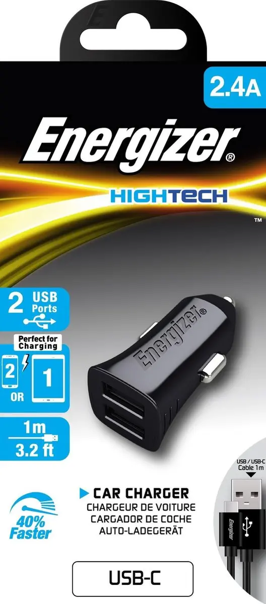 Energizer DCA2BHC23 Autolader 12/24V Dual USB - 2,4A - USB-C - Zwart