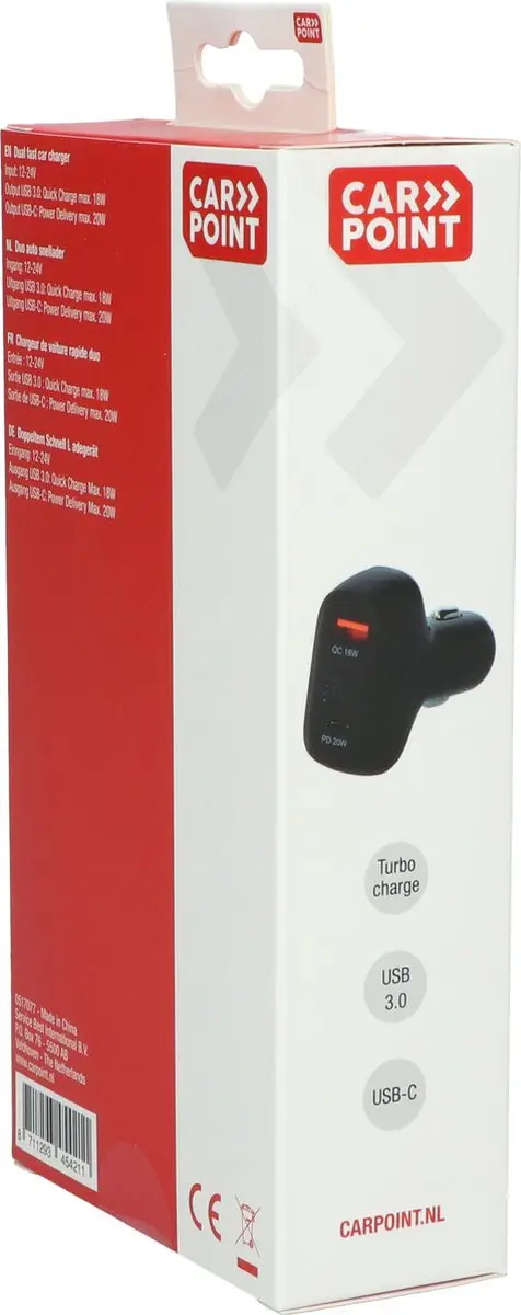 Carpoint Duo Snellader Auto 12/24V - 20W USB-C + 18W USB 3.0 - Zwart