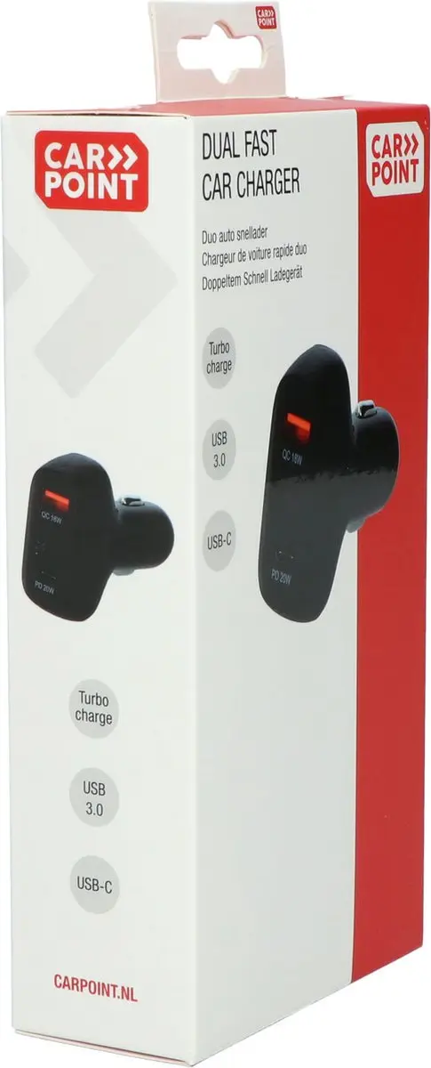 Carpoint Duo Snellader Auto 12/24V - 20W USB-C + 18W USB 3.0 - Zwart