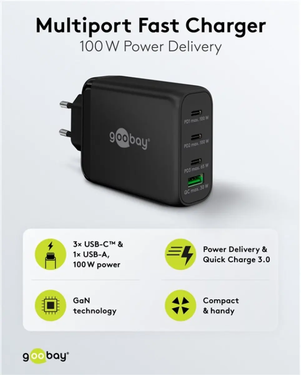 Goobay 65555 Thuislader 100W - 3x USB-C PD 1x USB-A QC - Zwart