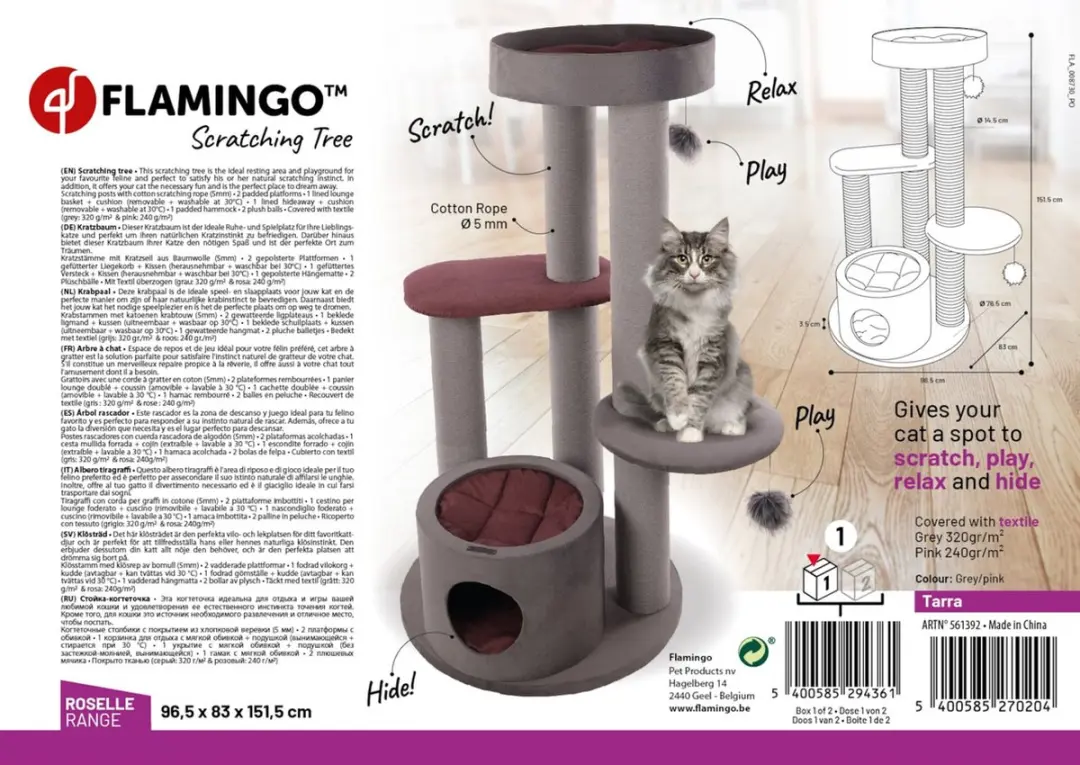 Flamingo Roselle Tarra Krabpaal - 96,5x83x151,5cm - 4 Niveaus - Grijs