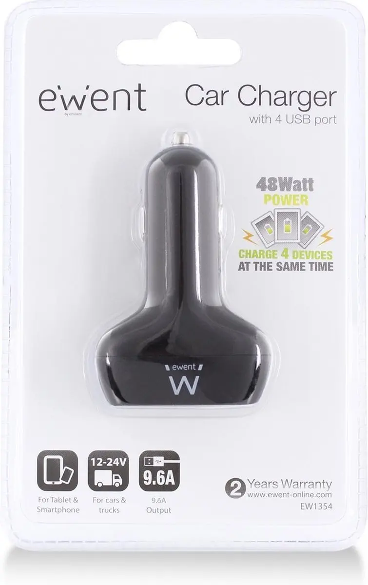 Ewent EW1354 4-Poorts USB Autolader 50W - Zwart - afbeelding 2 van 6