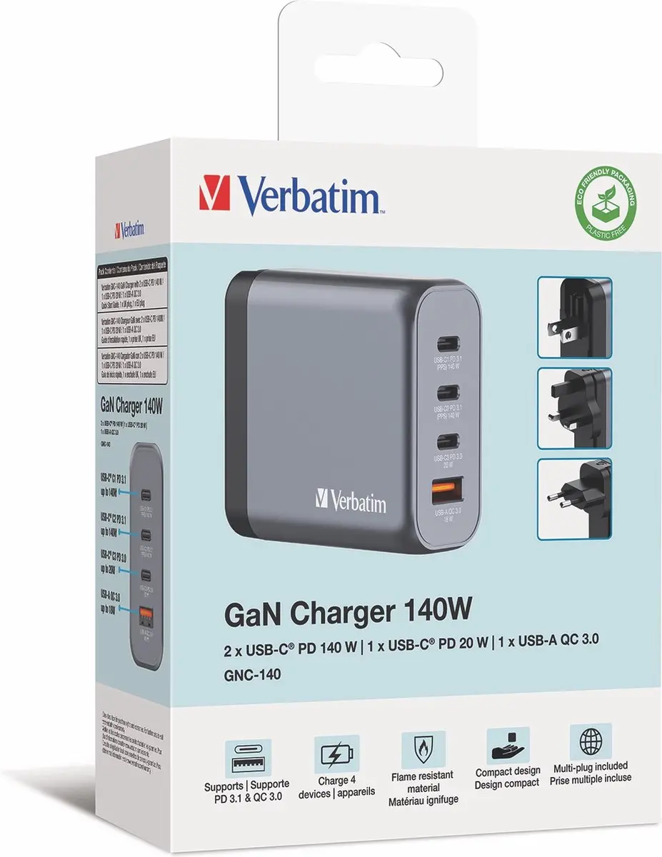 Verbatim GNC-140 GaN Oplader 140W - 4 Poorten - Grijs