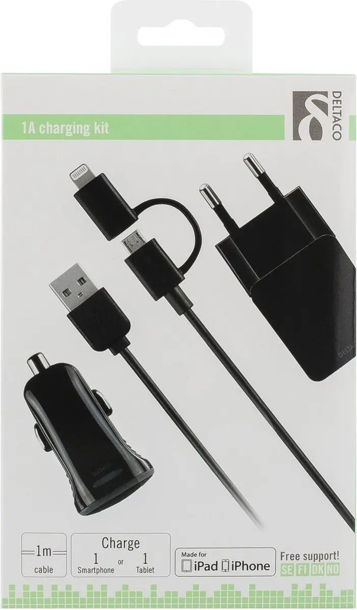 Deltaco USB-ACDC USB-adapterkit - 1x USB-kabel - Zwart