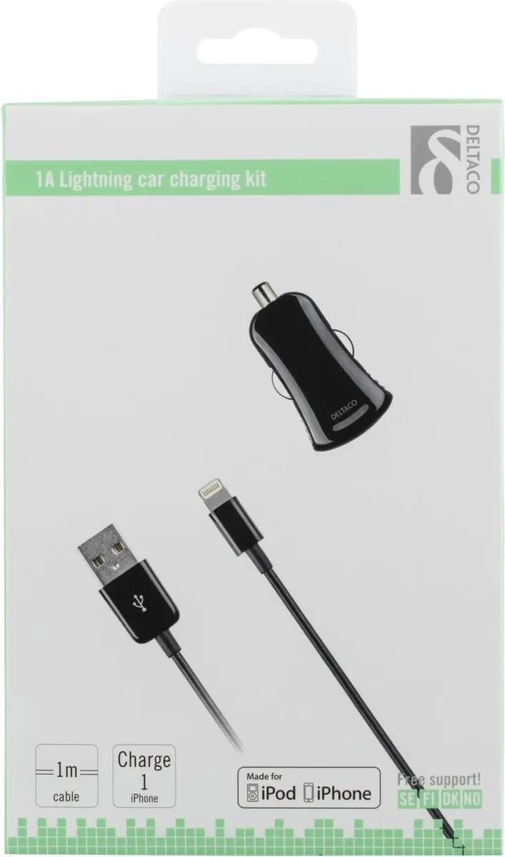 Deltaco USB-CAR203 Autolader - Lightning - 1m kabel - Zwart