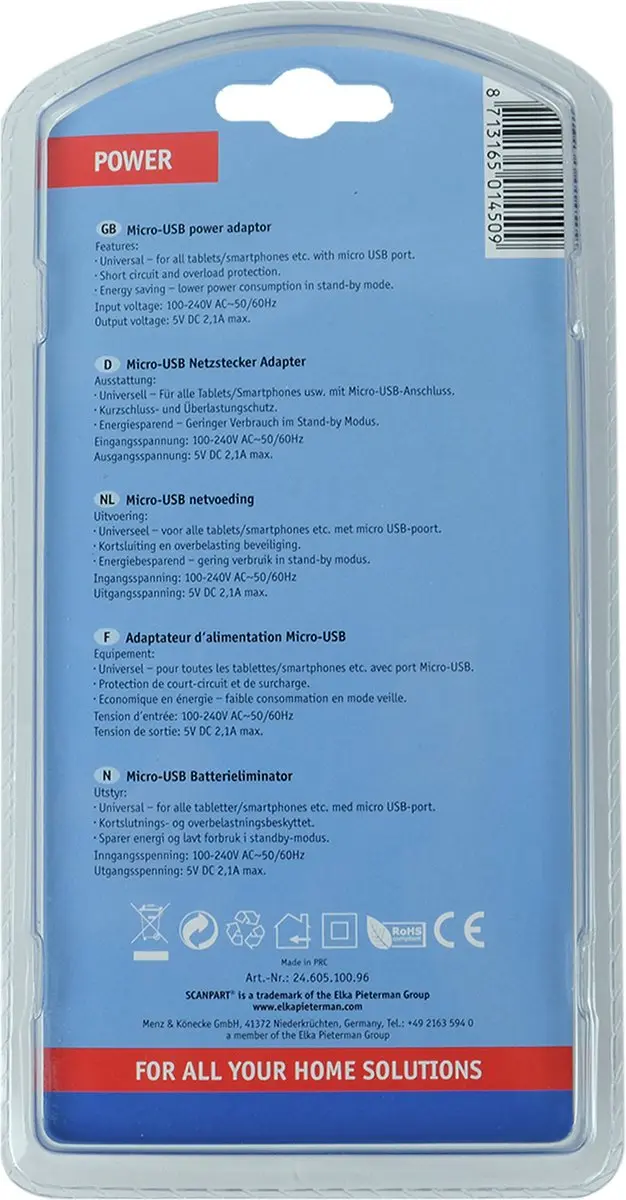 Scanpart Micro USB Oplader 1m 10.5W - Zwart
