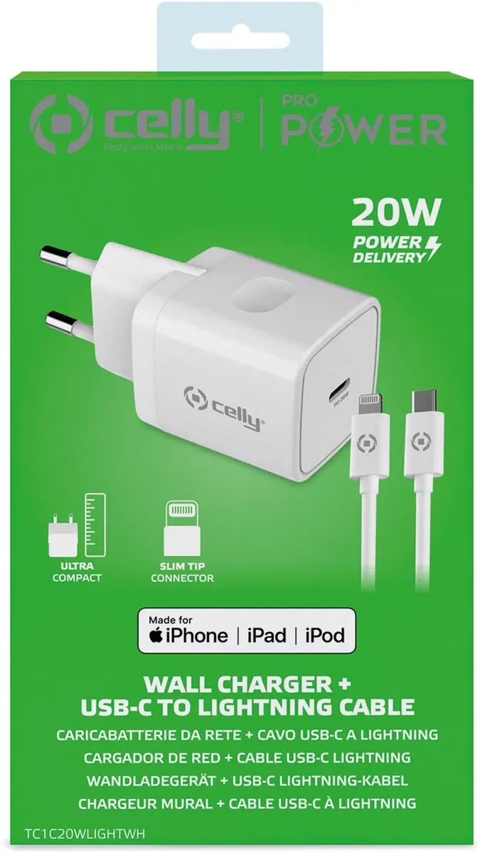 Celly TC1C20WLIGHTWH USB-C naar Lightning Kabel 20W - 1m - Wit