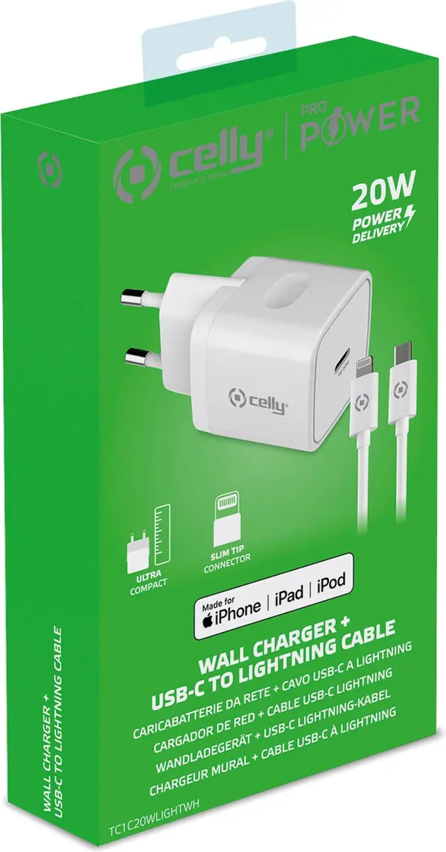 Celly TC1C20WLIGHTWH USB-C naar Lightning Kabel 20W - 1m - Wit