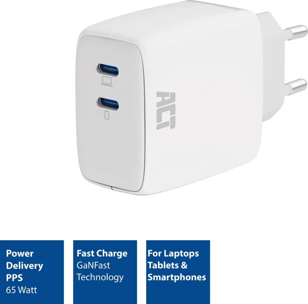 ACT AC2165 USB-C Lader 65W - 2 Poorten Wit
