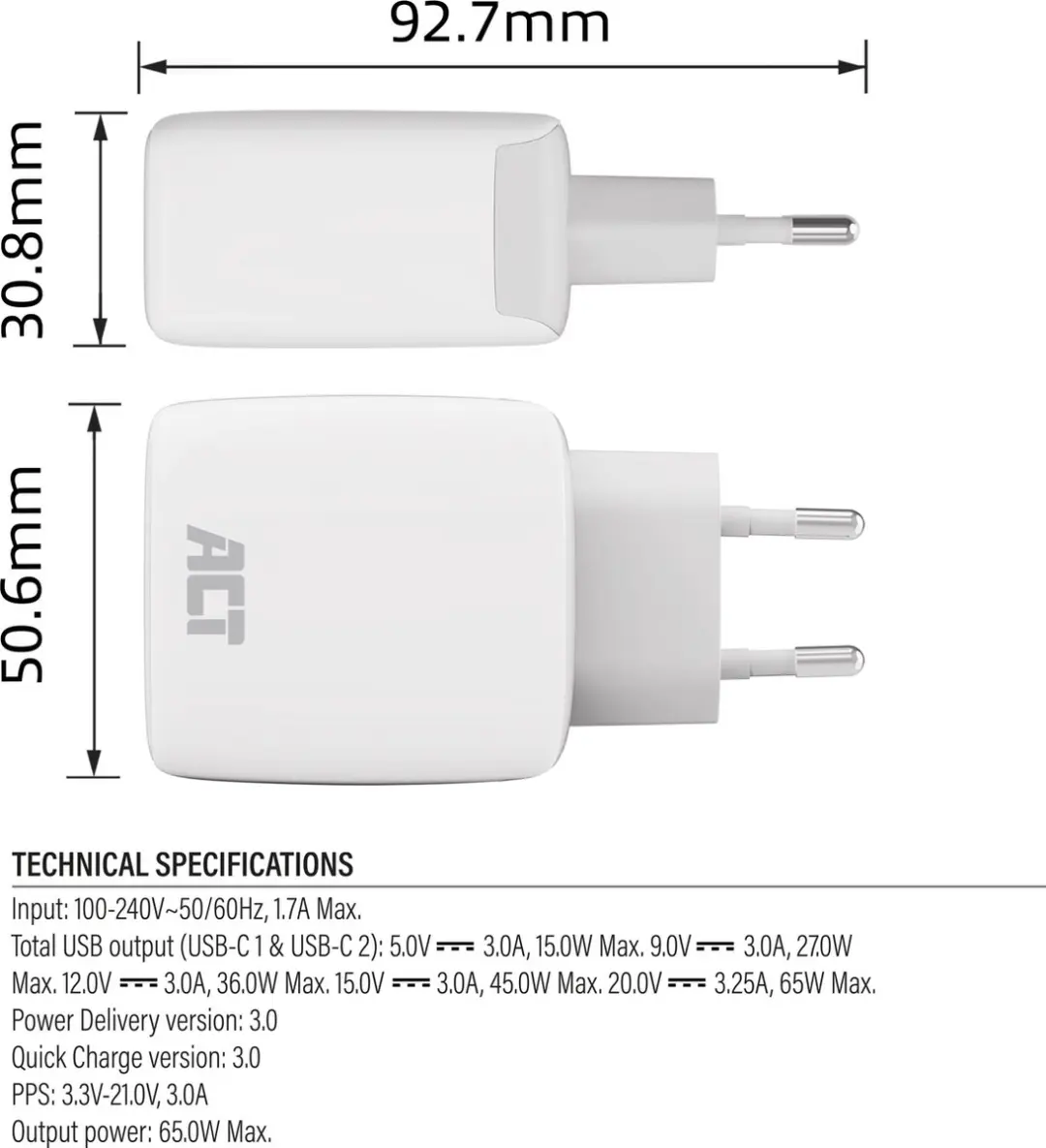 ACT AC2165 USB-C Lader 65W - 2 Poorten Wit