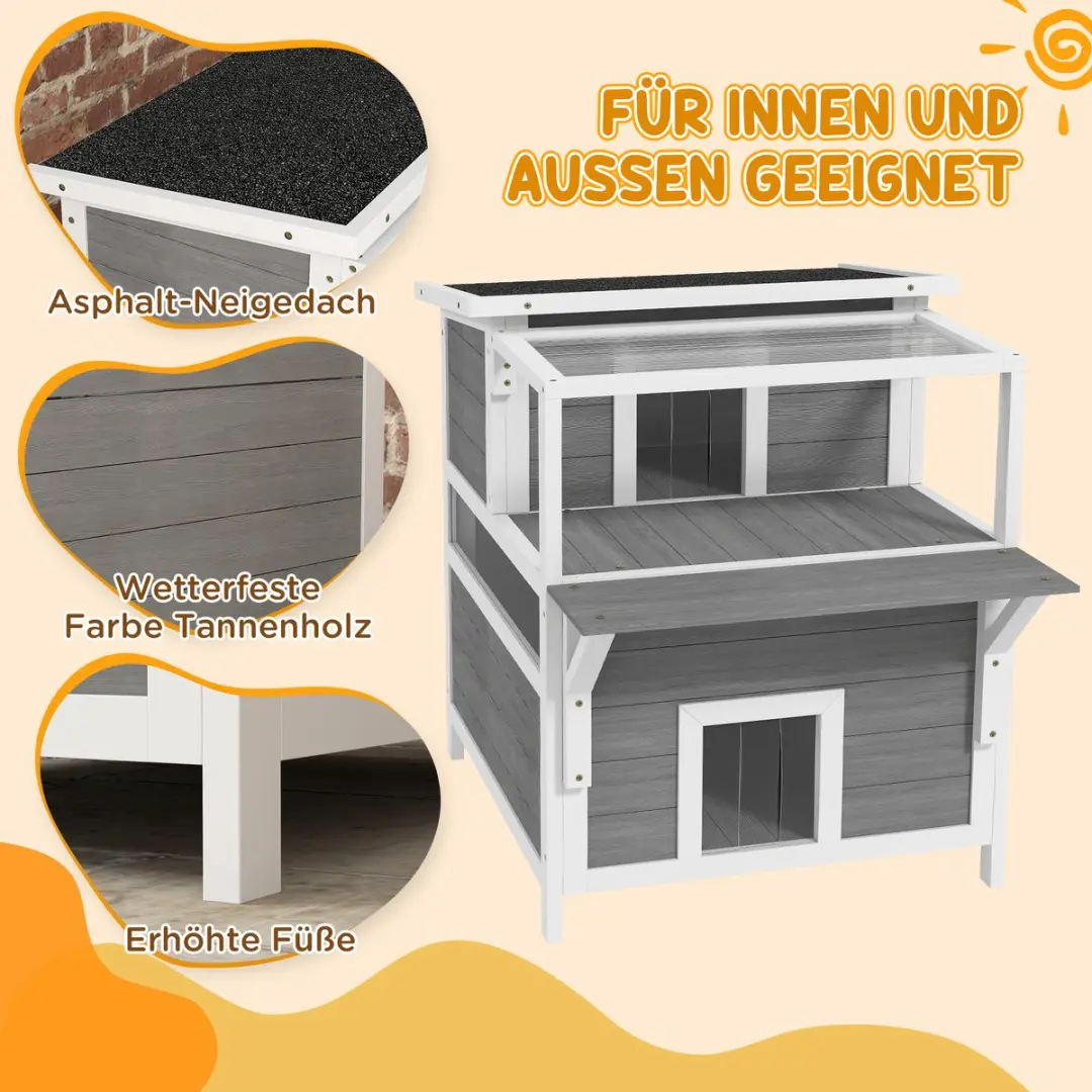 Pawhut Kattenhuis Tannenhout Balkon 64x87x76cm - Hellgrau