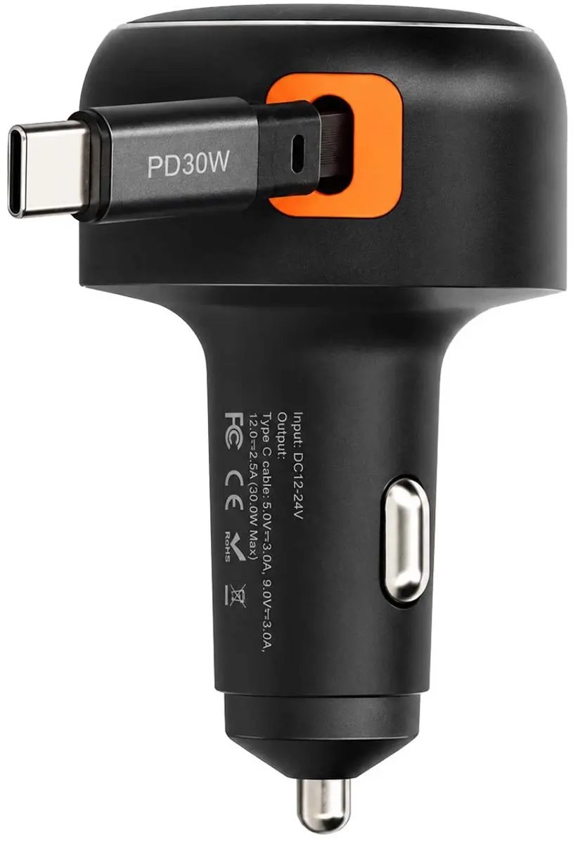 Nedis CCH1C30WBK Autolader 30W - USB-C - 0,7m - Donkergrijs