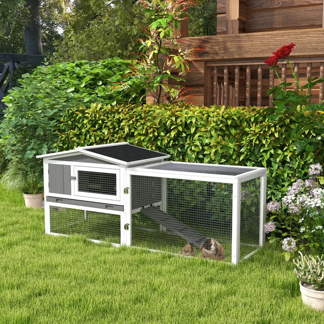 Pawhut Konijnenhok 2 Niveaus 156x58x68cm - Lichtgrijs