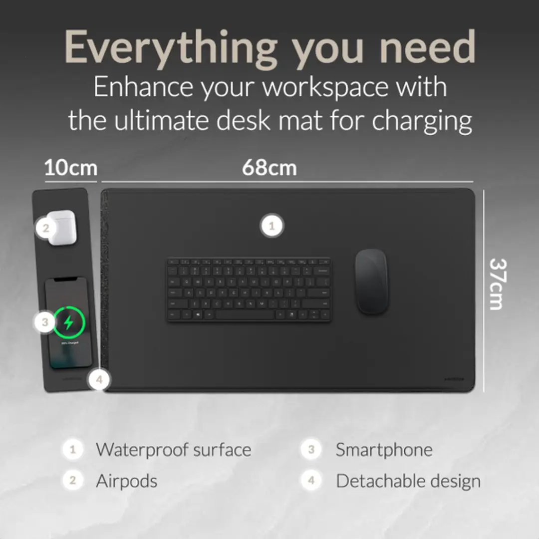 Mobilize PU Leather Deskmat met Magneet Wireless Charger 15W - Zwart