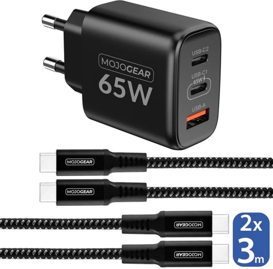 MOJOGEAR Charge+ EC.B_5 Snellader 65W - 3x USB - 2x 3m USB-C Kabel - Zwart
