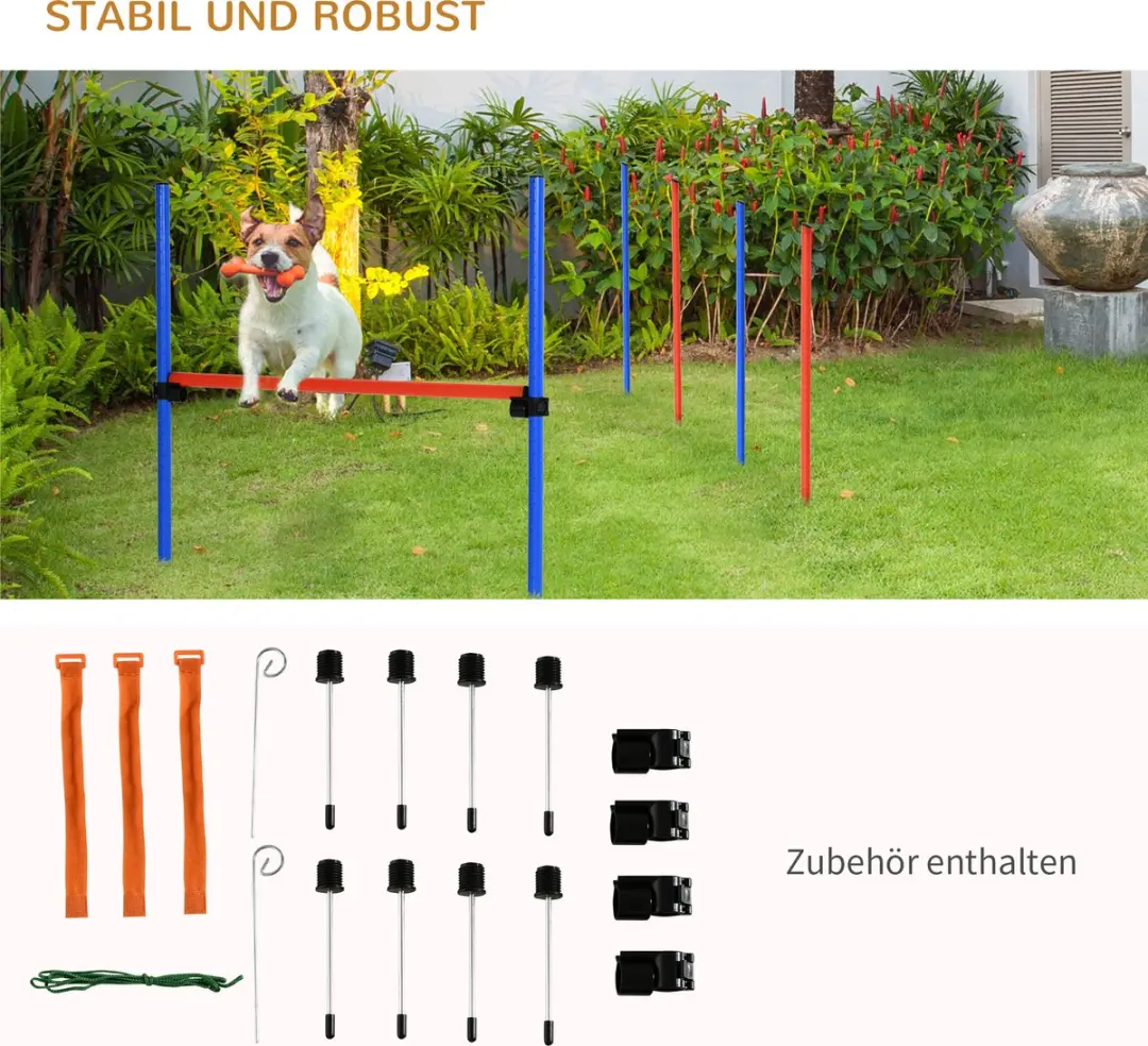 Pawhut Hunde-Agility-Set 3-in-1 - Slalom, Hürden & Sprungring - Blau/Rood