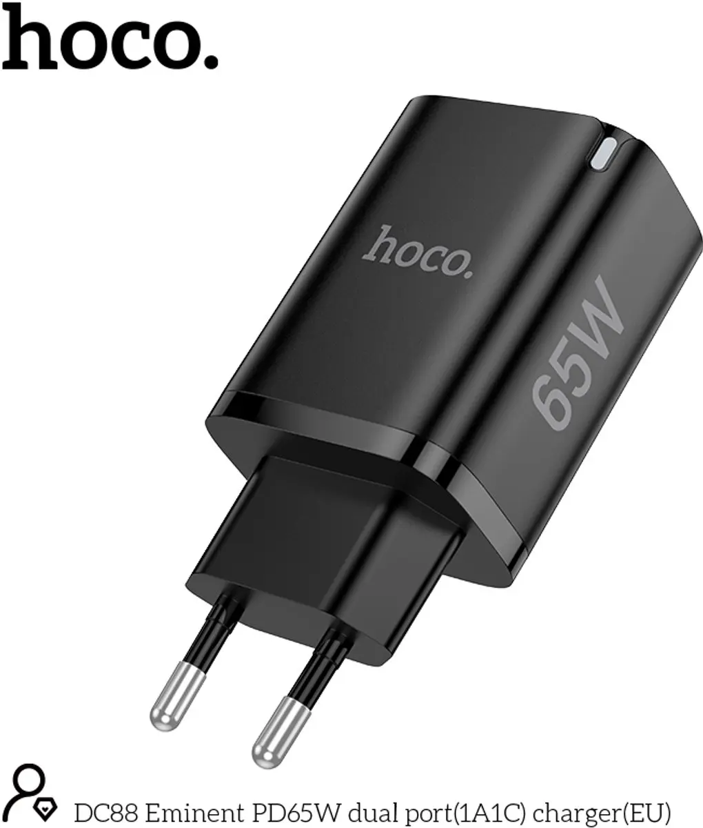 Hoco 65W USB-C & USB-A Oplader - 2 Poorten - PD & QC3.0 - Zwart