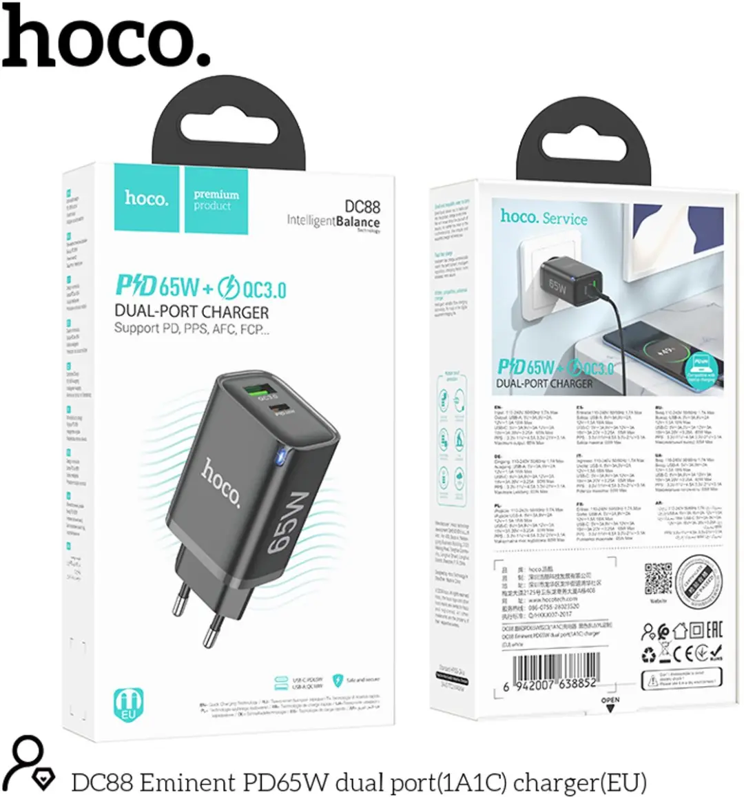 Hoco 65W USB-C & USB-A Oplader - 2 Poorten - PD & QC3.0 - Zwart