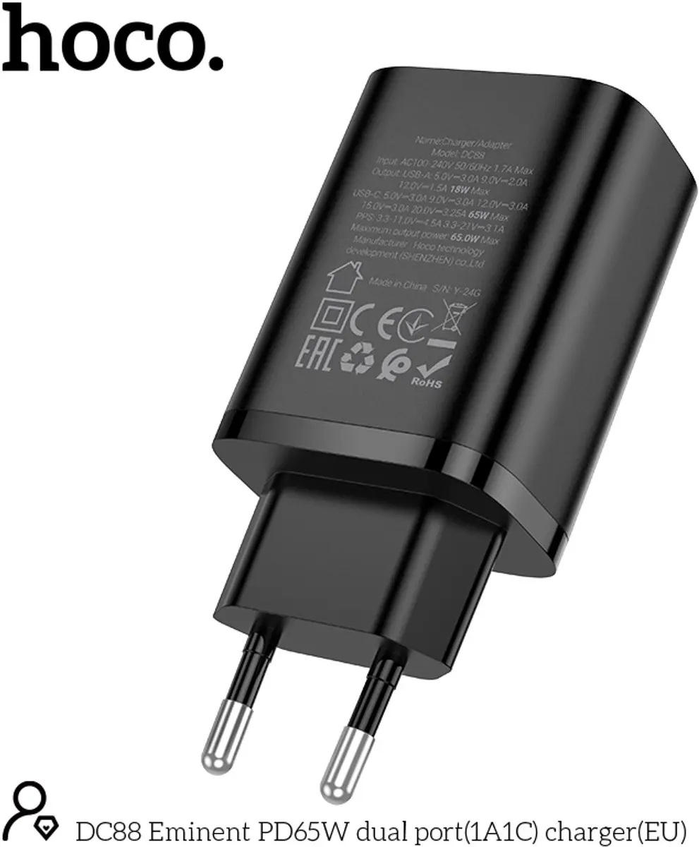 Hoco 65W USB-C & USB-A Oplader - 2 Poorten - PD & QC3.0 - Zwart