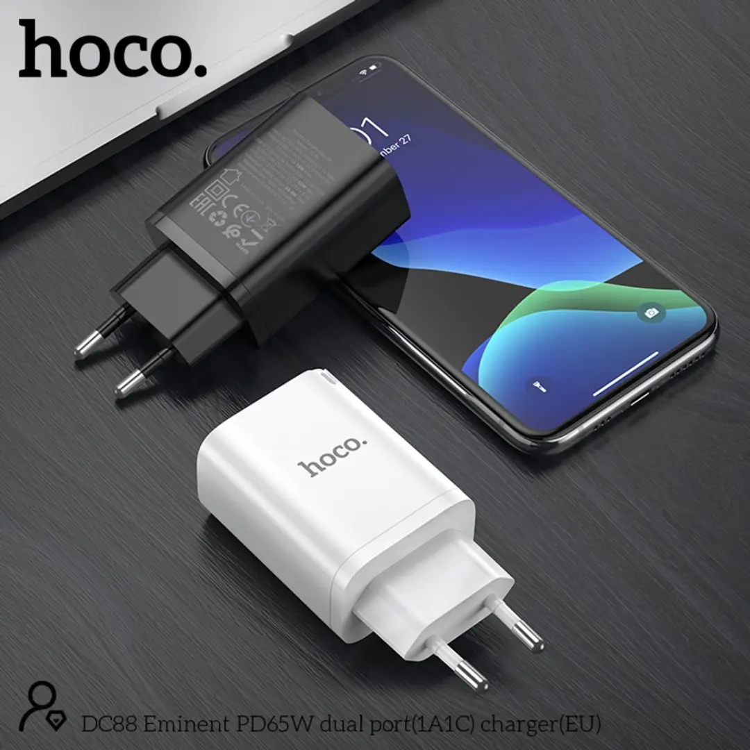 Hoco 65W USB-C & USB-A Oplader - 2 Poorten - PD & QC3.0 - Zwart