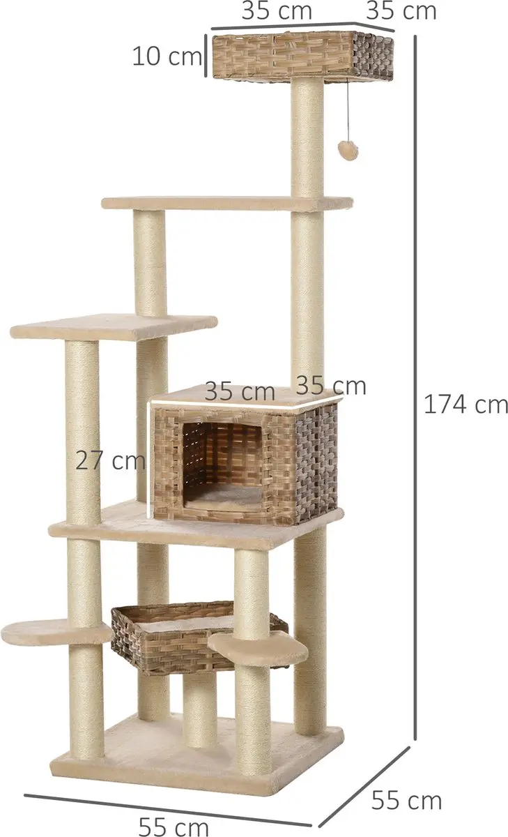Pawhut Krabpaal met Kattengrot 5 Niveaus - 7 Ligplekken - Beige