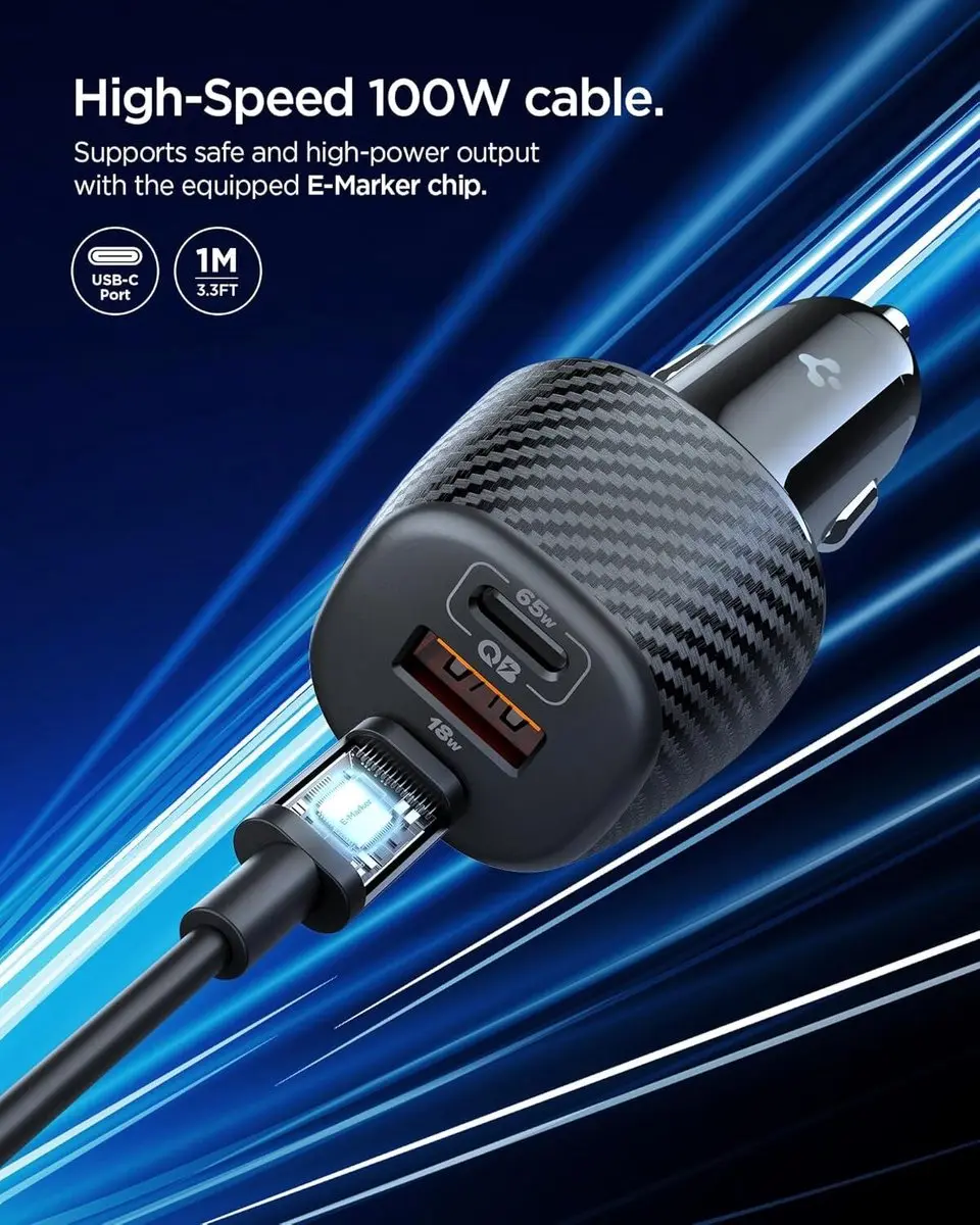 Spigen Essential 113W Autolader - 2x USB-C PD 65W + USB-A QC 18W - Zwart