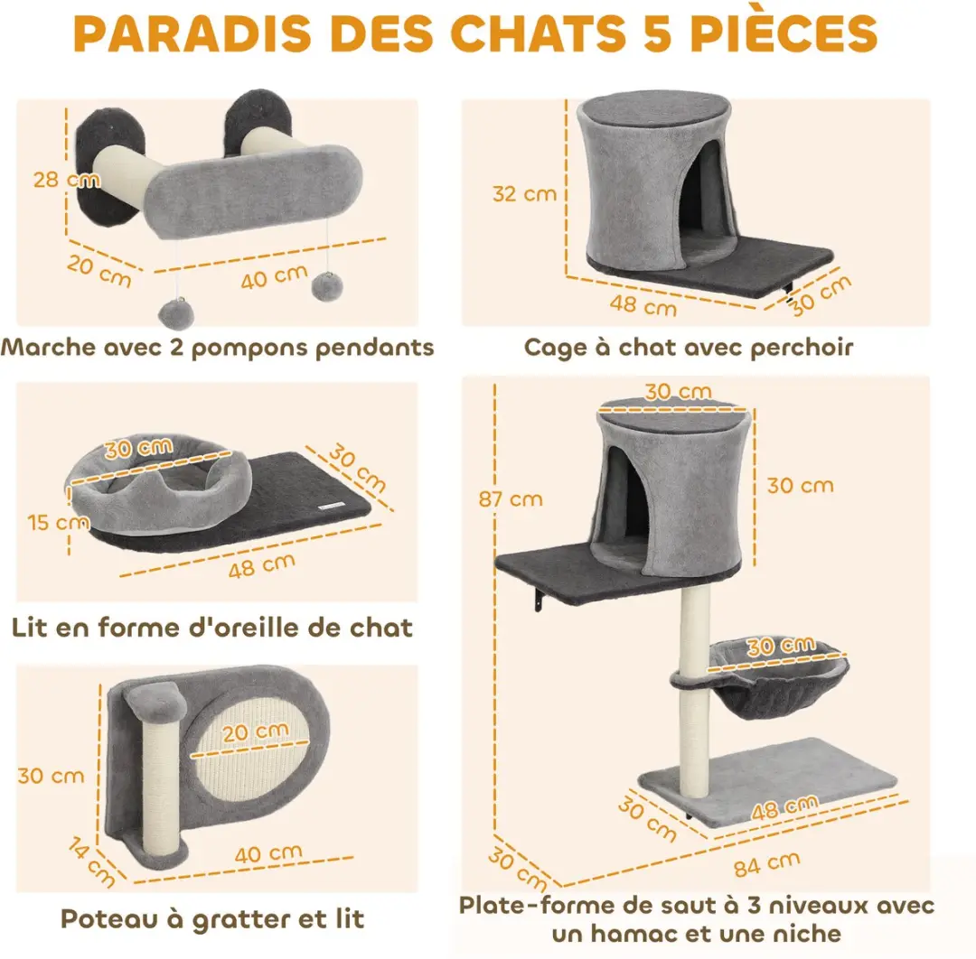 Pawhut Kattenplankenset 3 Niveaus - 84x30x87cm - Grijs