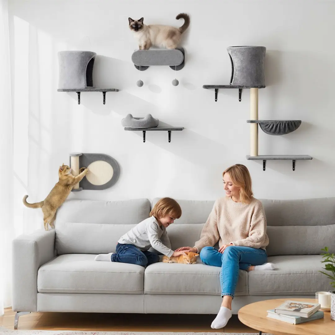 Pawhut Kattenplankenset 3 Niveaus - 84x30x87cm - Grijs
