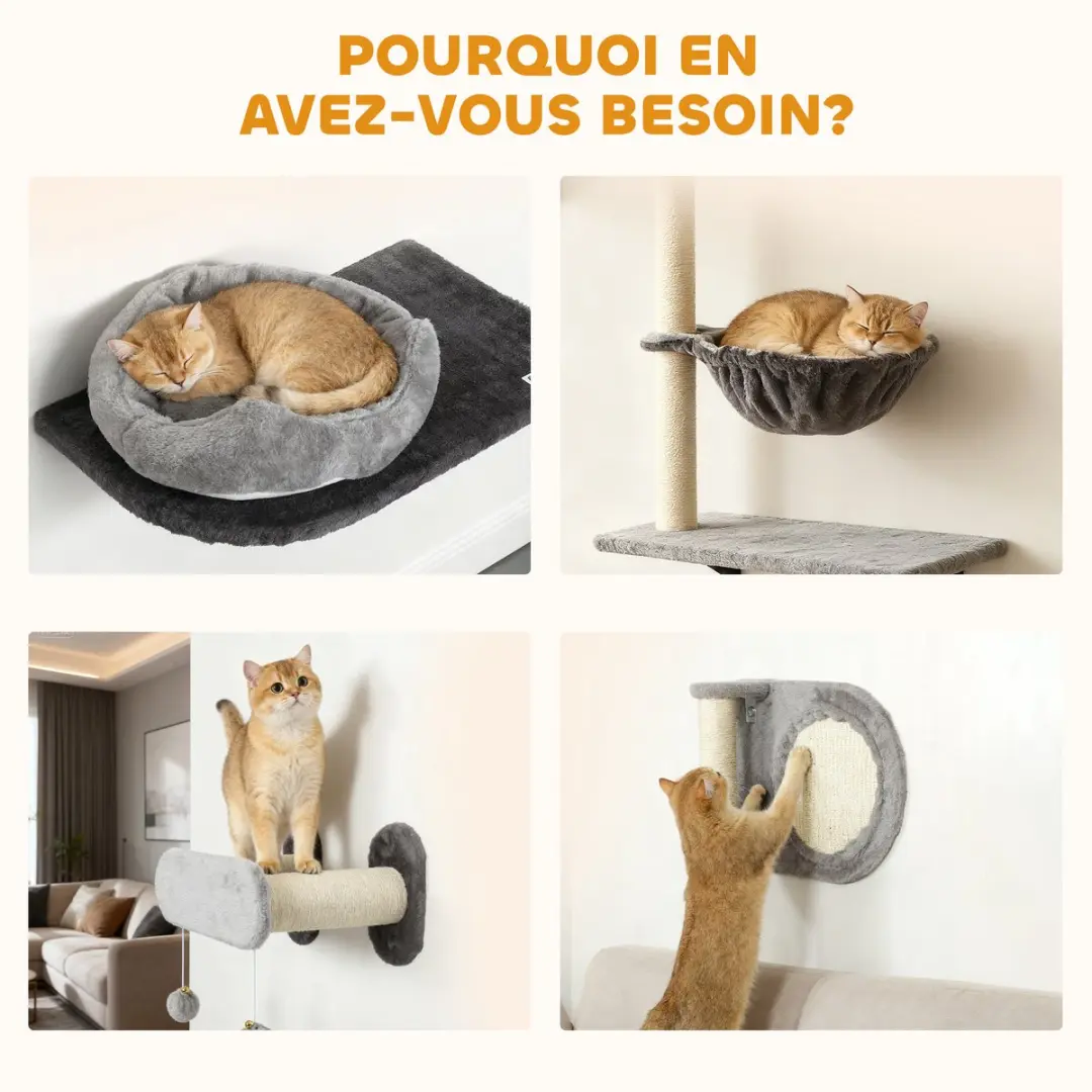 Pawhut Kattenplankenset 3 Niveaus - 84x30x87cm - Grijs