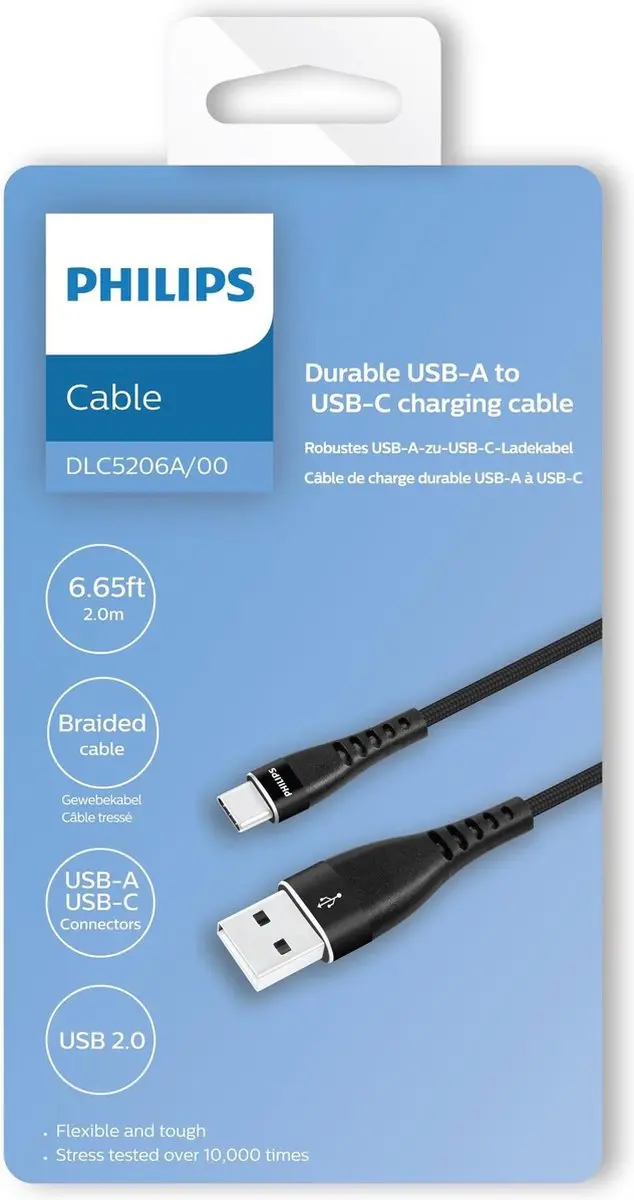 Philips DLC5206A/00 USB-A naar USB-C Kabel 2m - Zwart