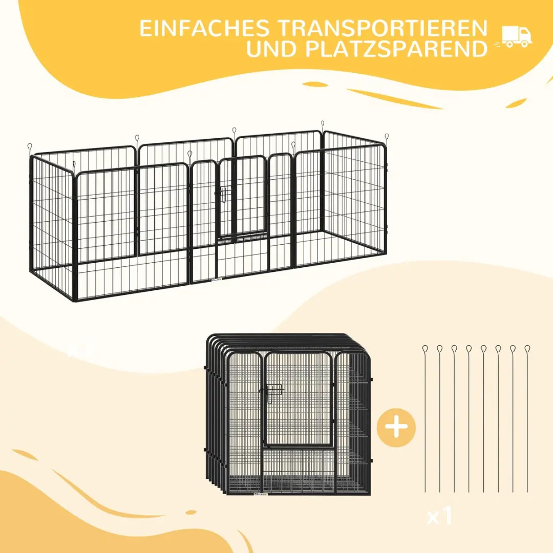 Pawhut Puppyren Metaal Zwart - 7 Panelen + deur - 8 Grondankers