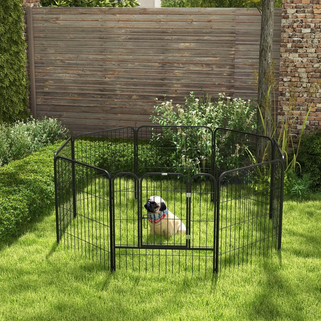 Pawhut Puppyren Metaal Zwart - 7 Panelen + deur - 8 Grondankers