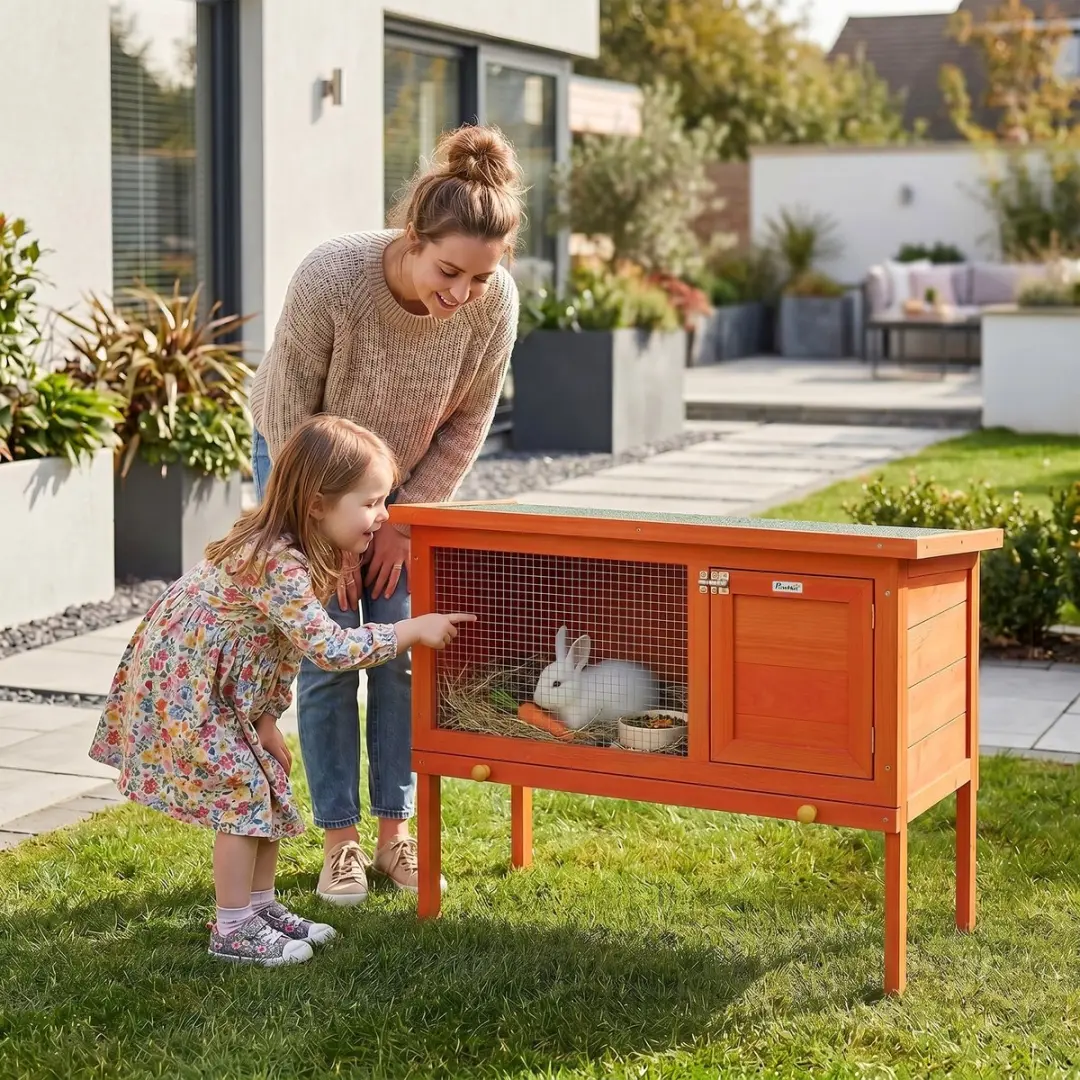 Pawhut Konijnenhok Dennenhout 90x45x65cm - Oranje