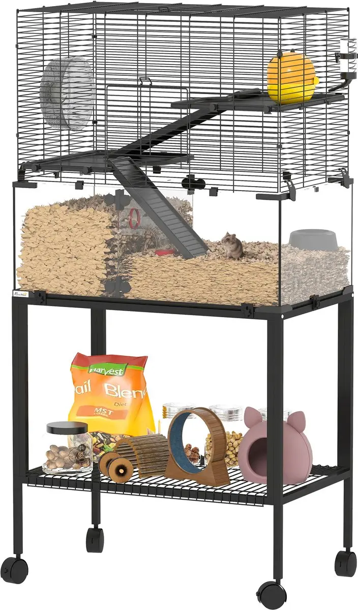 Pawhut Hamsterkooi Staand - 77x49x130,5cm - Zwart