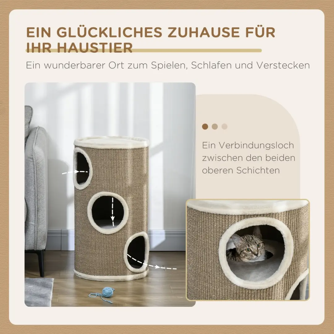 Pawhut Katzenkratzbaum 3 Ebenen - 70cm - 3 Höhlen - Sisal - Bruin