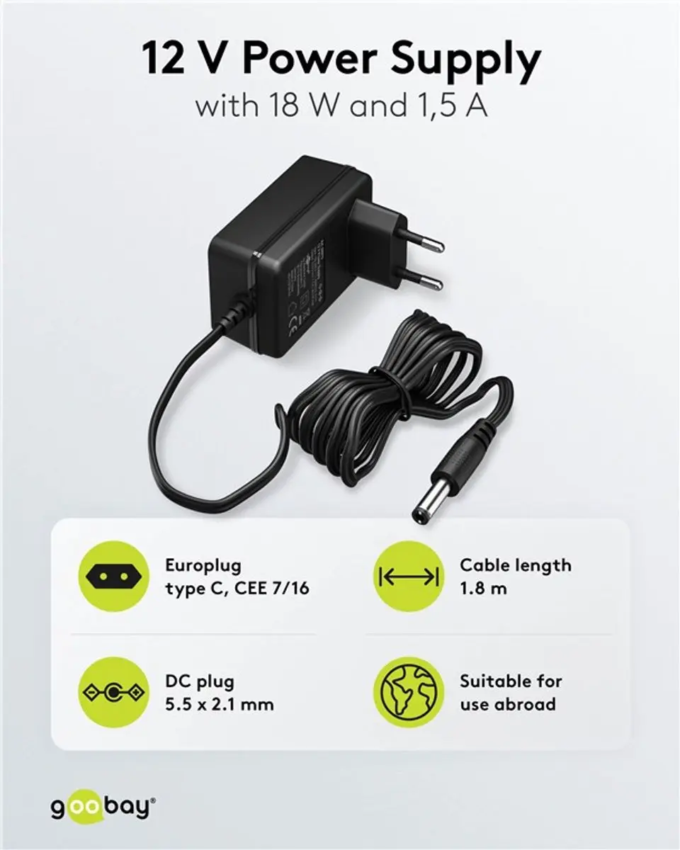 Goobay voedingsadapter | 12V DC | 1,5A | 18W | 5,5 x 2,1mm | 1,8 meter