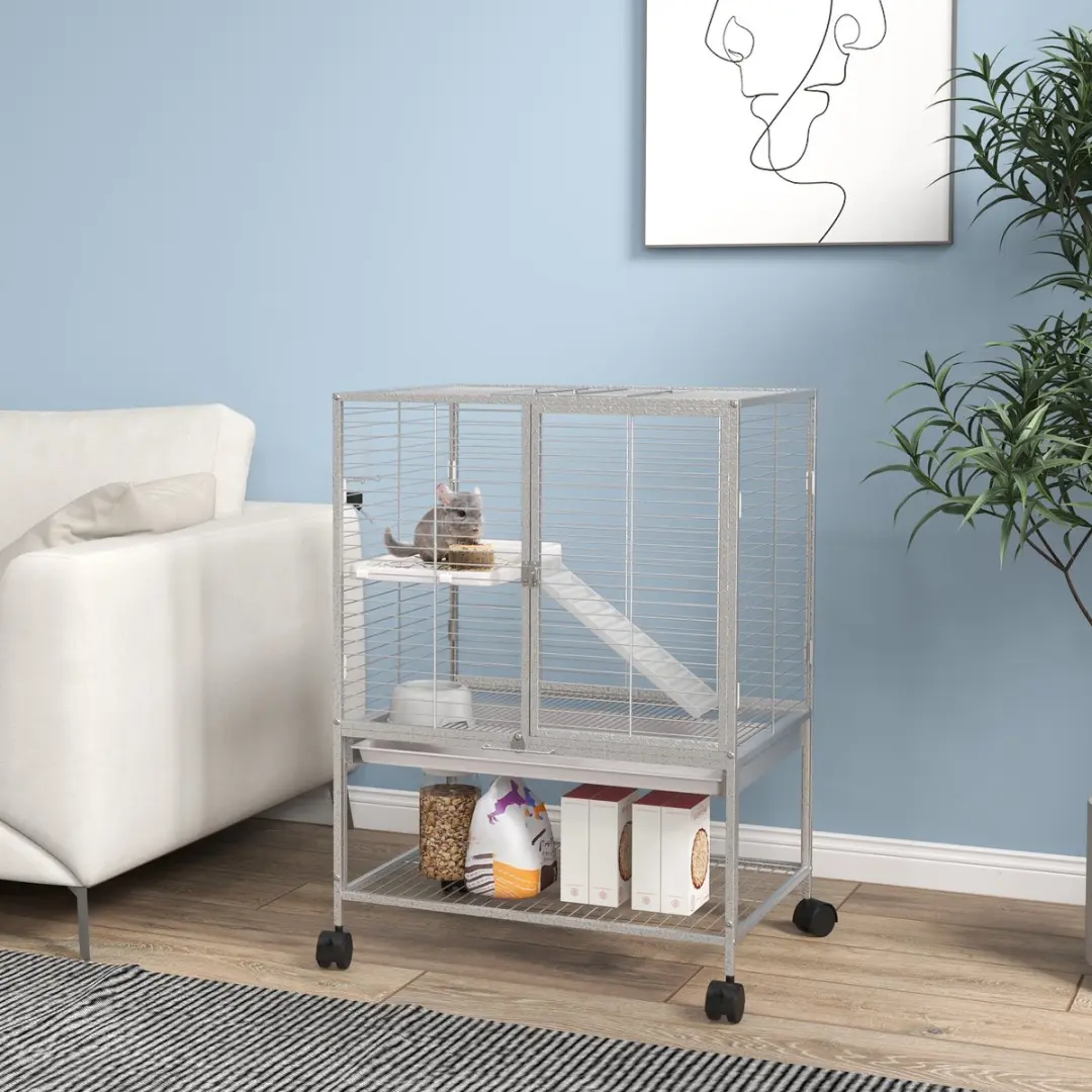 Pawhut Kooi voor kleine dieren 61,5x44,5x86cm - Lichtgrijs