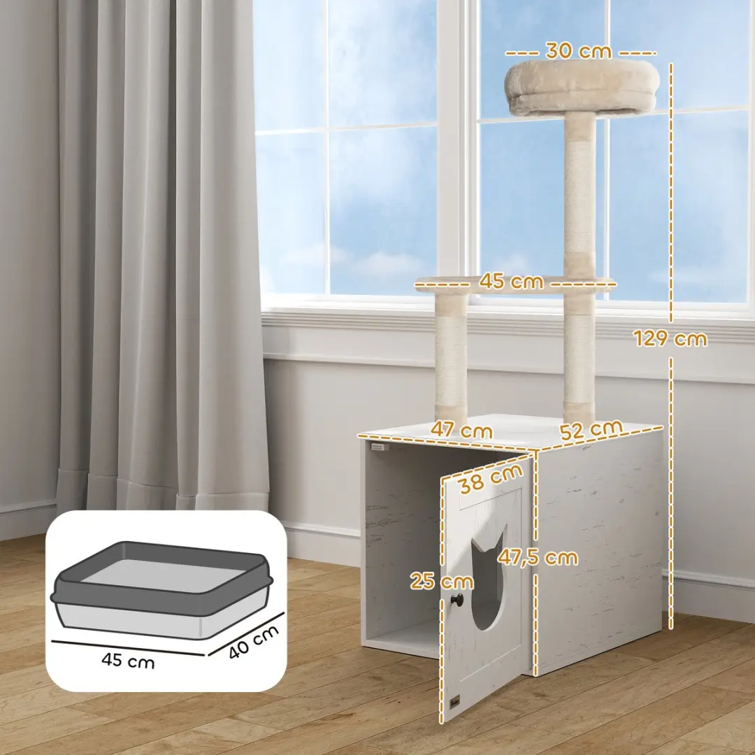 Pawhut Kattenbakbehuizing Pluche 47x52x129cm - Crème