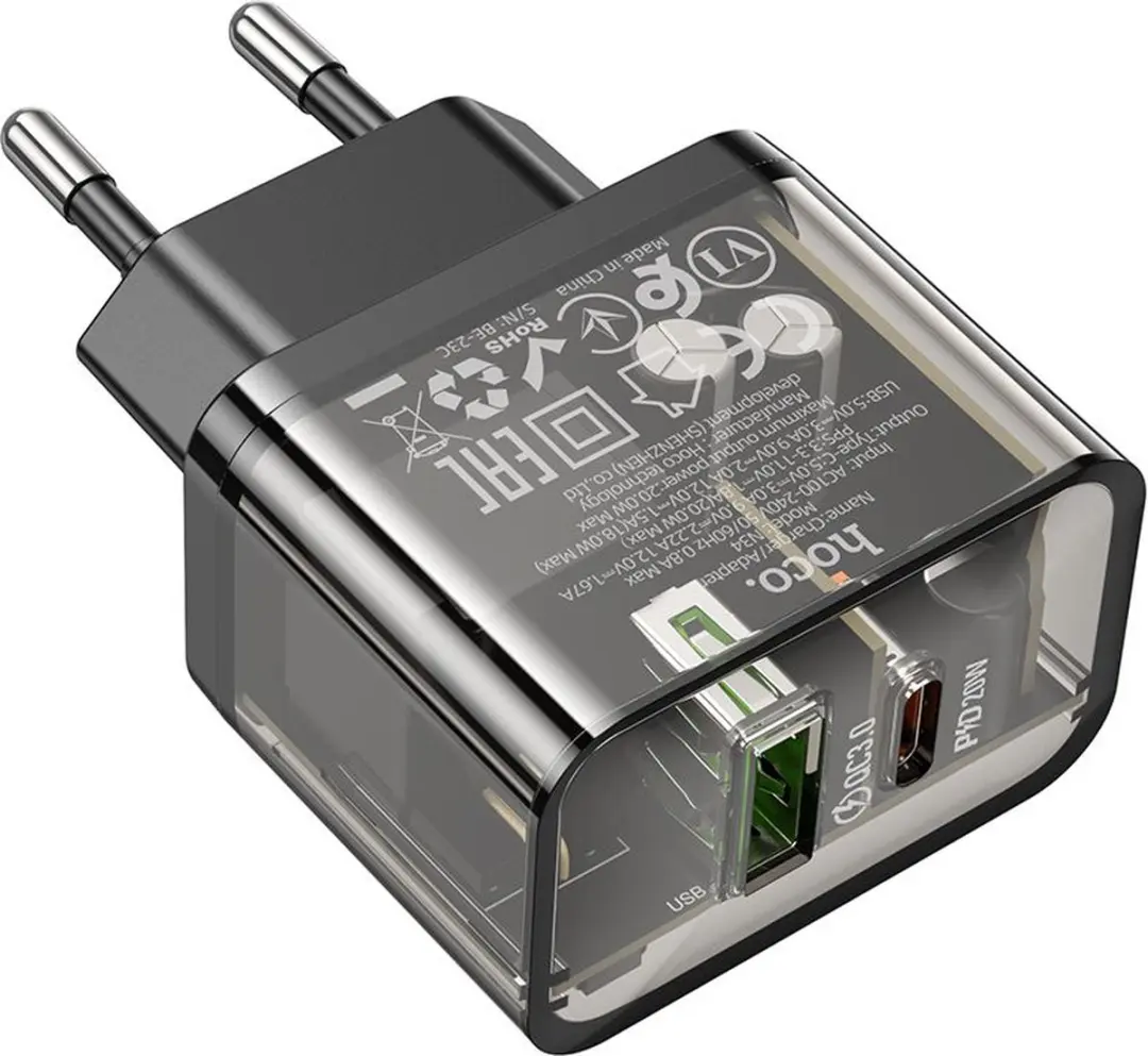 Hoco N34 Dual-Port Snellader 20W - Transparant