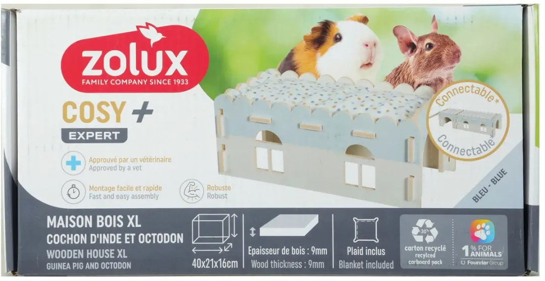 Zolux Houten Huisje Cavia/Degu - 40x21x16cm - Beige/Blauw