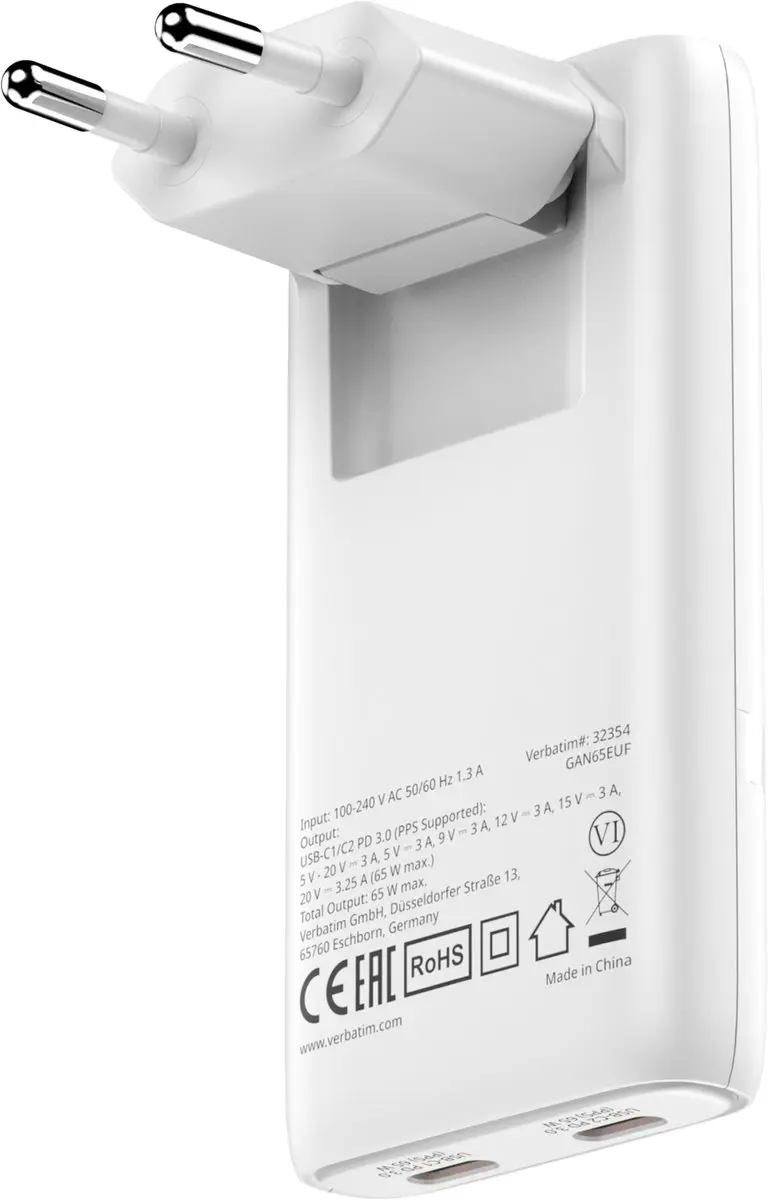 Verbatim Fold N Go Gan 65W Sneloplader
