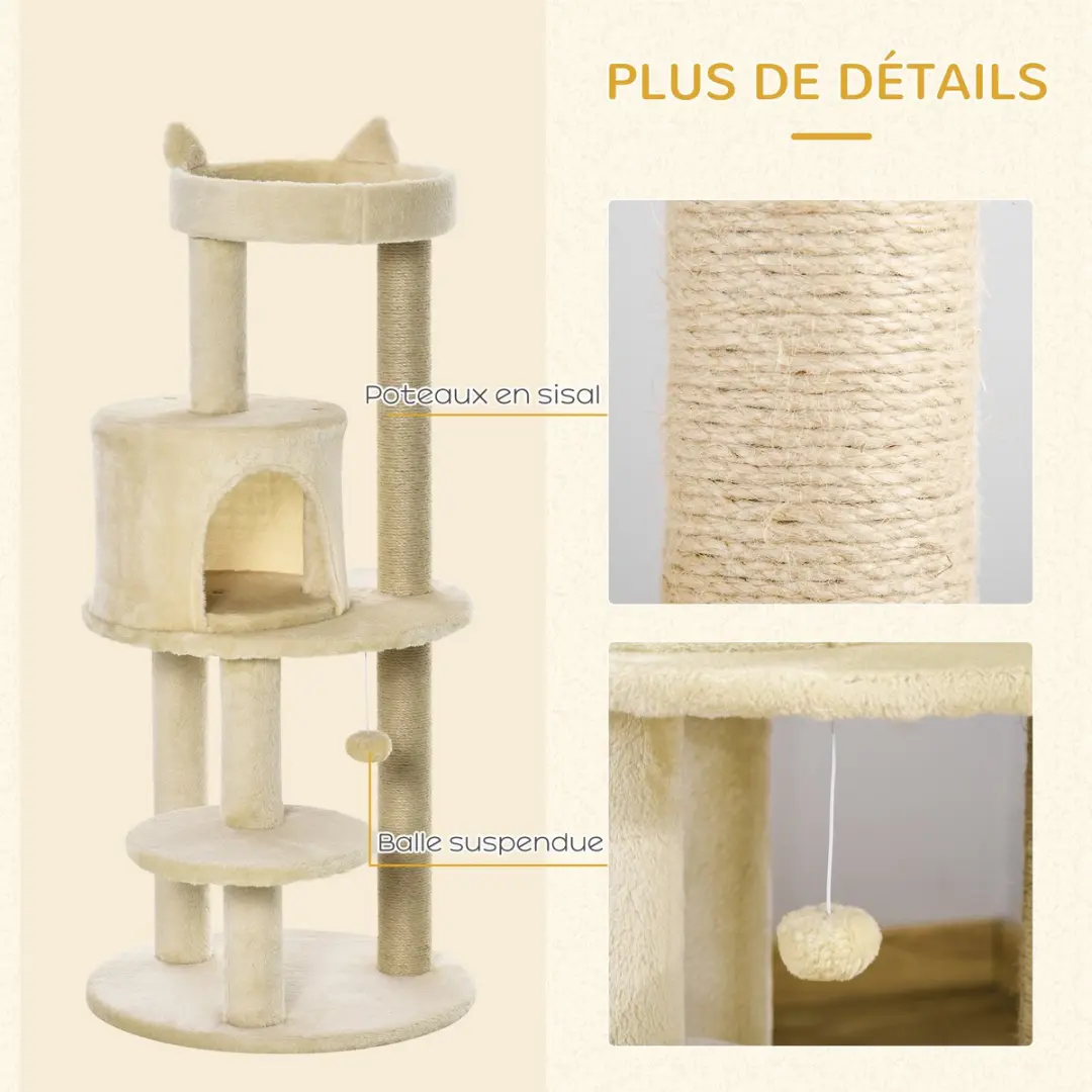 Pawhut Kattenboom 48x48x104cm - 3 Niveaus - Crème