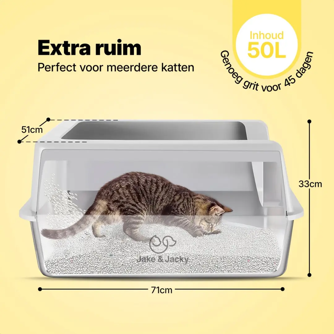 Jake and Jacky RVS Kattenbak XXXL - 71x51x33cm Grijs