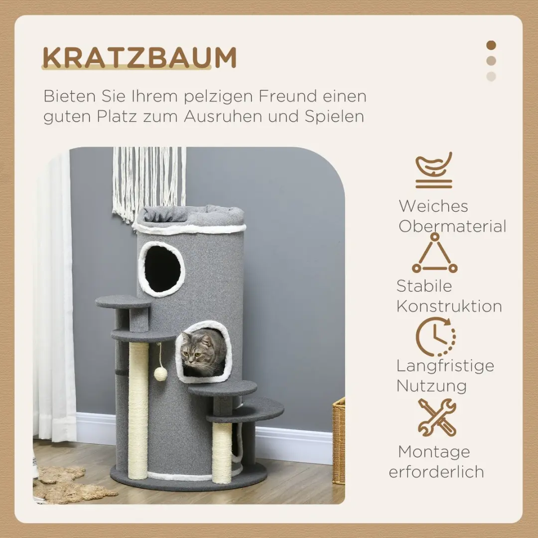 Pawhut Kratzbaum 57x57x99cm - 2 Ligplekken - 3 Niveaus - Grijs