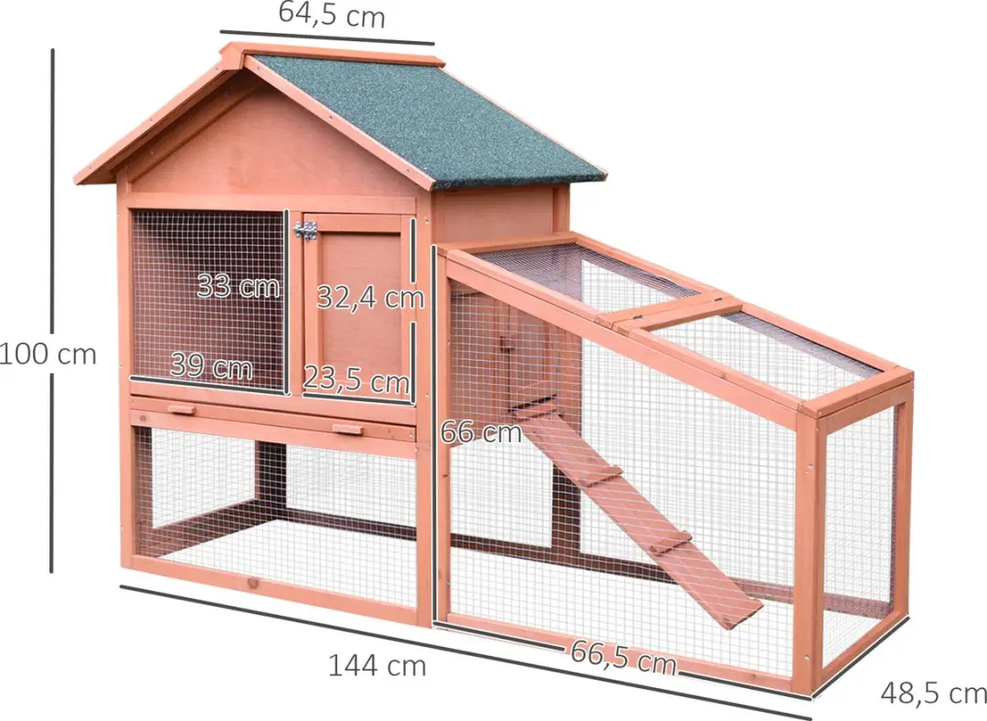 Pawhut Kleintierstall Tannenhout 144x64,5x100cm - 2 verdiepingen