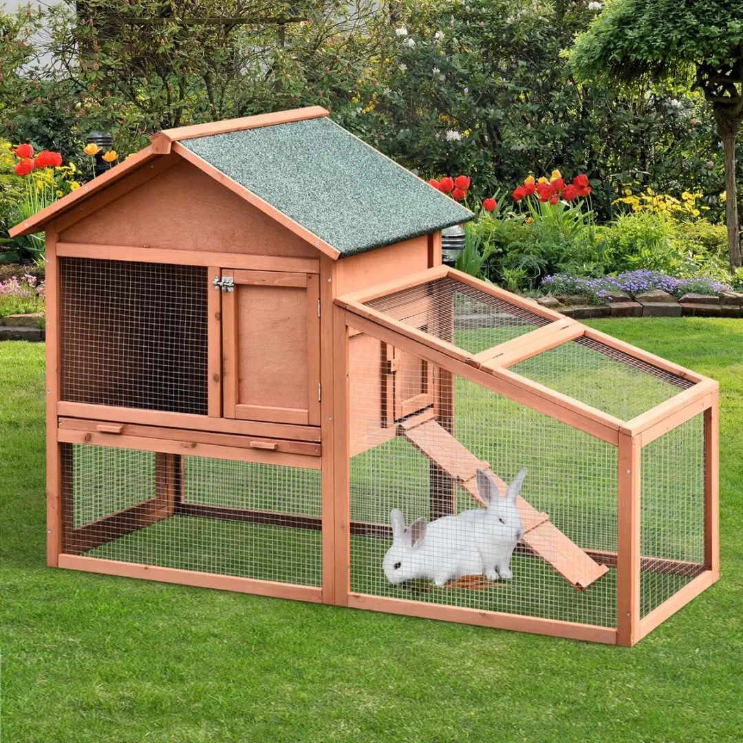 Pawhut Kleintierstall Tannenhout 144x64,5x100cm - 2 verdiepingen
