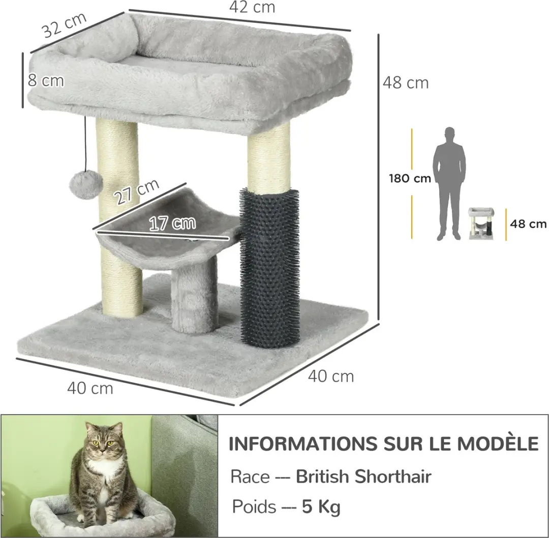 Pawhut Kattenkrabpaal Grijs - 2 Niveaus - 2 Ligplekken