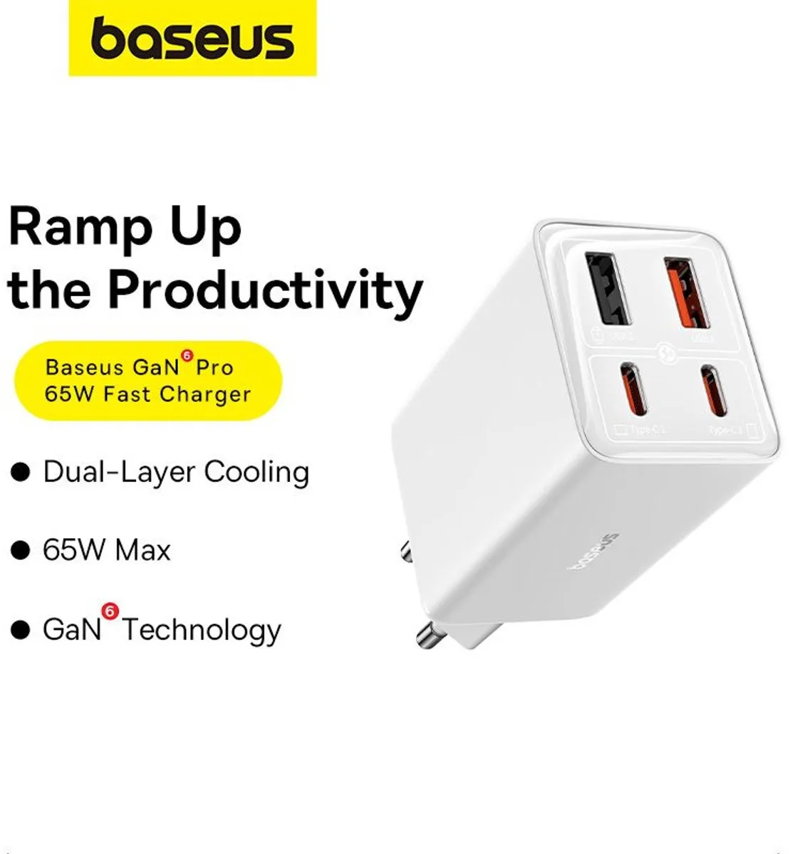 Baseus GaN6 65W USB-C Snellader + 100W Kabel - Wit