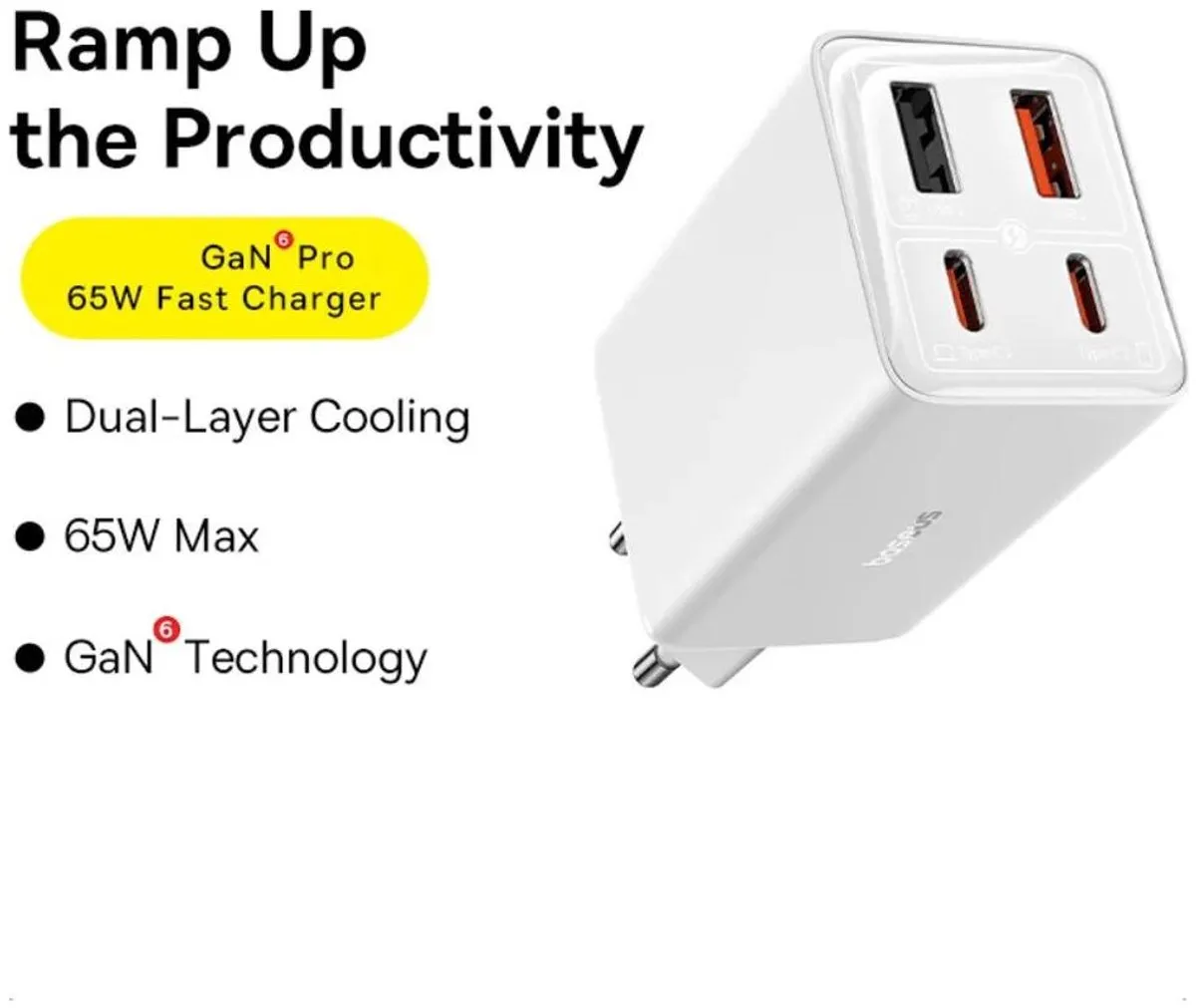 Baseus GaN6 65W USB-C Snellader + 100W Kabel - Wit - afbeelding 6 van 6