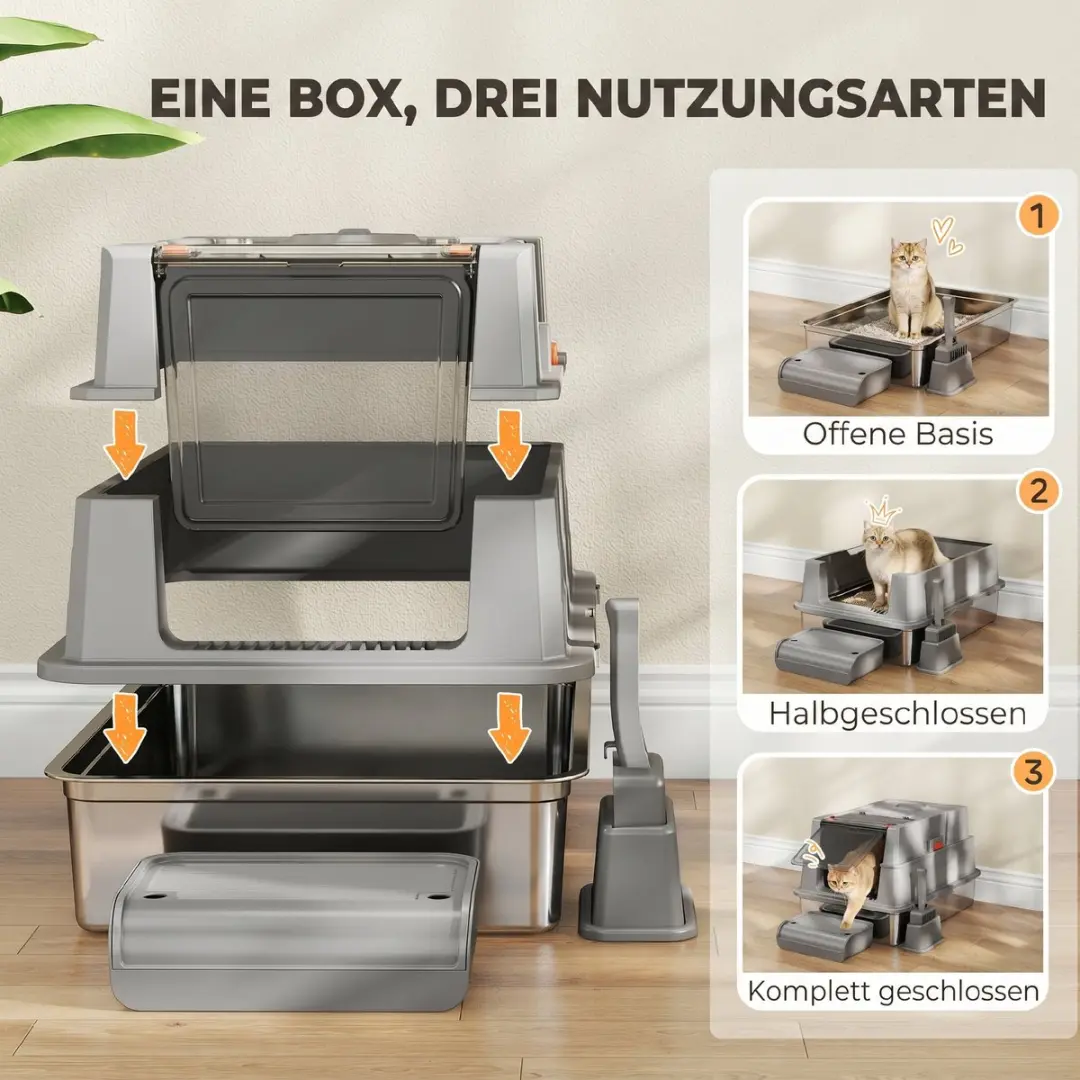 Pawhut Kattenbak Roestvrij Staal - 70x50x43cm Grijs